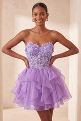 Floral Light Purple Corset Ruffled Short Homcoming Dress
