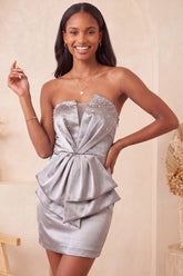 Silver Ruched Tight Strapless Short Homecoming Dress with Beading