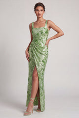 Floral Long Mermaid Sparkly Green Sequin Mother of the Bride Dress with Slit