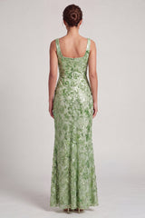 Floral Long Mermaid Sparkly Green Sequin Mother of the Bride Dress with Slit