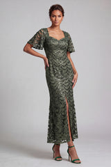 Sparkly Olive Long Short Sleeves Mermaid Sequin Mother of the Bride Dress