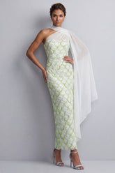 Sparkly Light Green Long Sheath Sequin Mother of the Bride Dress with Side Cape