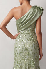 Floral Green Sparkly Sequin One Shoulder High-Low Mother of the Bride Dress