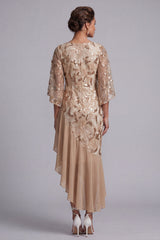 Floral Champagne Sparkly Sequin Mermaid Asymmetrical Mother of the Bride Dress