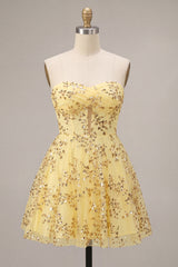 Corset Yellow Sparkly Sequin A-Line Short Homecoming Dress