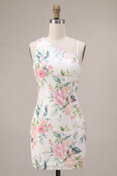 White Pink Flower Sequin Asymmetrical Neck Tight Short Homecoming Dress