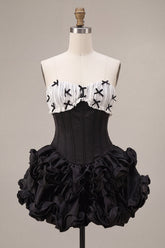 Black Strapless A Line Ruffled Short Corset Homecoming Dress with Bow