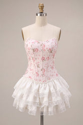 White Pink Flower Strapless Short Corset Homecoming Dress with Ruffles