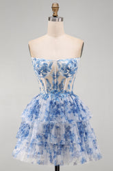 White Blue Flower Corset Strapless Tiered Ruffled Short Homecoming Dress