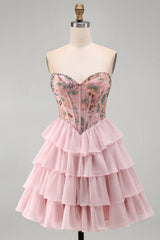 Pink A-Line Sweetheart Floral Tiered Ruffled Short Corset Homecoming Dress