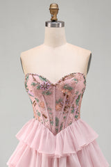 Pink A-Line Sweetheart Floral Tiered Ruffled Short Corset Homecoming Dress