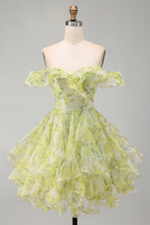 Yellow Green Floral Ruffled A Line Off the Shoulder Short Homecoming Dress