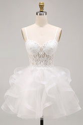 White Floral A-Line Beaded Ruffled Short Corset Homecoming Dress