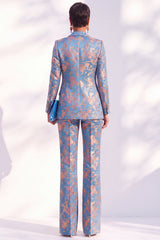 Peak Lapel Blue Floral Slim Fit 2 Piece Women Suit