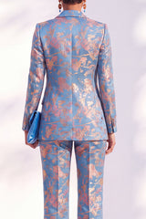 Peak Lapel Blue Floral Slim Fit 2 Piece Women Suit