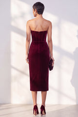 Burgundy Corset Sweetheart Velvet Bodycon Midi Work Dress