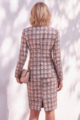 Pink Tweed Button Round Neck 2 Piece Short Work Suits