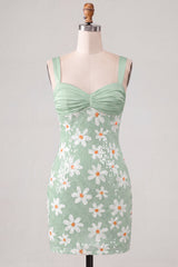 Sparkly Green Tight Ruched Sequins Short Floral Homecoming Dress