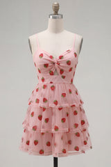 Pink Printed Tiered A Line Ruched Keyhole Short Homecoming Dress