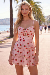 Pink Printed Tiered A Line Ruched Keyhole Short Homecoming Dress