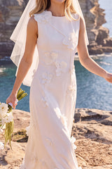 White Floral A Line Round Neck Floor-Length Wedding Dress