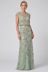 Sparkly Green Illusion Boat Neck Beaded Sheath Long Mother of the Bride Dress