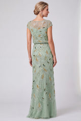 Sparkly Green Illusion Boat Neck Beaded Sheath Long Mother of the Bride Dress
