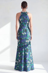 Green Flower Long Mermaid Halter Mother of the Bride Dress with Slit