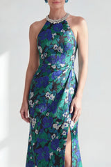 Green Flower Long Mermaid Halter Mother of the Bride Dress with Slit