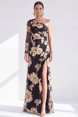 Black Champagne Floral One Shoulder Long Mother of the Bride Dress with Slit