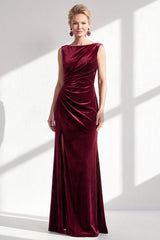 Burgundy Velvet Bateau Neck Mermaid Long Mother of the Bride Dress with Slit