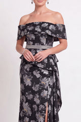 Black Floral Off the Shoulder Mermaid Long Mother of the Bride Dress with Slit