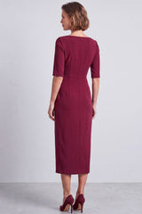 Burgundy Pencil Half Sleeves Square Neck Ruched Midi Work Dress with Slit