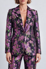 Black Purple Flower Jacquard Notched Lapel Two Piece Prom Suits