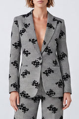 Black and White Plaid Floral Peak Lapel Two Piece Prom Suits