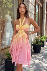 Yellow and Pink Ruffled Cut Out Halter Chiffon Short Homecoming Dress