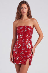 Red Tight Sequin Sparkly Strapless Short Homecoming Dress with Slit