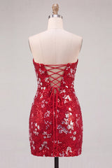 Red Tight Sequin Sparkly Strapless Short Homecoming Dress with Slit