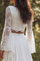 Ivory Chiffon Two Piece Boat Neck Ruffled Sweep Train Beach Wedding Dress