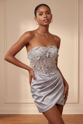 Light Grey Corset Ruched Tight Short Homecoming Dress with 3D Flowers