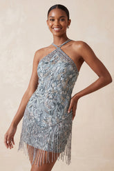 Grey Sparkly Tight Short Floral Beaded Homecoming Dress with Fringes