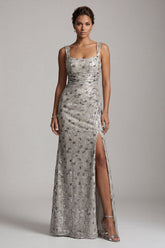 Sparkly Silver Sheath Square Neck Ruched Long Mother of the Bride Dress with Slit