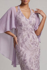 Lilac Pencil Halter Floral Beaded Midi Mother of the Bride Dress with Cape