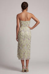 Dusty Sage Strapless Floral Ruched Midi Mother of the Bride Dress