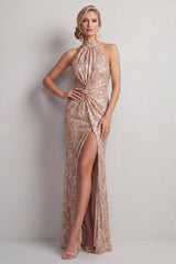 Sparkly Champagne Sequin High Neck Ruched Long Mother of the Bride Dress with Slit