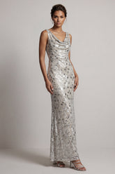 Sparkly Silver Sheath Cowl Neck Sequins Long Mother of the Bride Dress