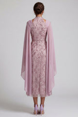 Fog A Line Floral Beaded Midi Mother of the Bride Dress with Pockets