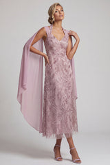 Fog A Line Floral Beaded Midi Mother of the Bride Dress with Pockets