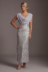 Sparkly Silver Mermaid Cowl Neck Sequins Long Mother of the Bride Dress