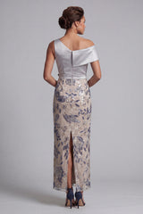 Silver Floral Beaded Sheath Long Mother of the Bride Dress with Sash